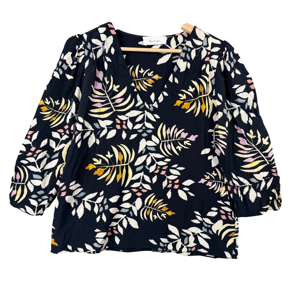 ba&sh Black Floral Leaf Print V-Neck Blouse 3/4 Ruched Sleeve Viscose‎ Medium